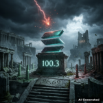 AI generated symbolic artwork: a Solana three-bar monument on a stone pedestal engraved 100.3 among ancient temple ruins, a cracked step carved 96.69 below it, 109.5 on a distant ruined tower and a red lightning arrow shattering into embers above