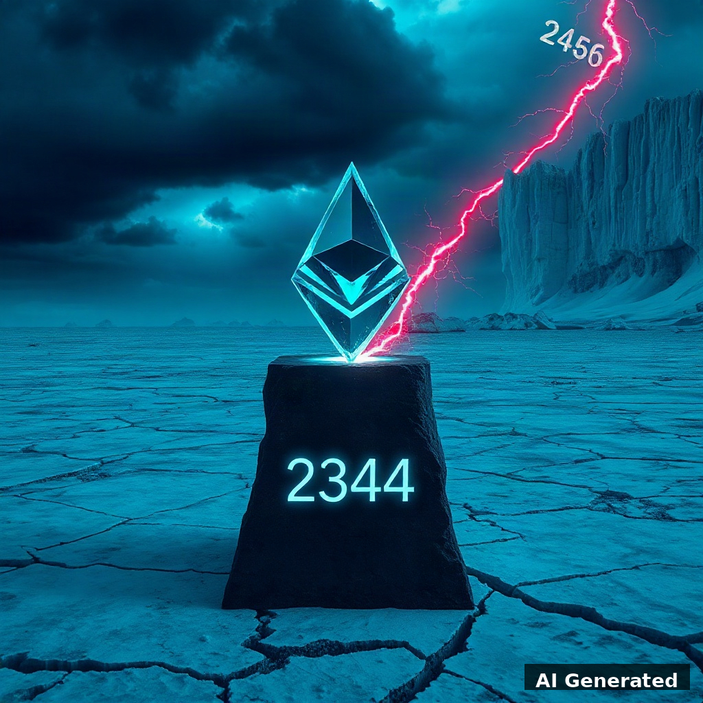 AI generated symbolic artwork: crystal Ethereum diamond monument on a pedestal engraved 2344 in a glacier ice field, red lightning shattering beside it, 2456 on the distant ice cliff