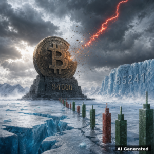 AI generated symbolic artwork: colossal Bitcoin monument holding the 84000 support on a frozen glacier as a red lightning arrow shatters before touching it, 85241 carved on a distant blue ice wall