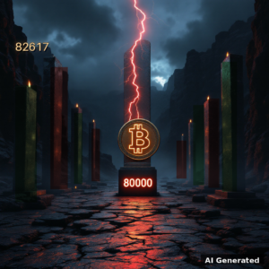 AI generated symbolic artwork: bronze Bitcoin coin monument on a pedestal engraved 80000 in a desert canyon, red lightning shattering above it, 82617 carved on the canyon wall, candlestick monolith path