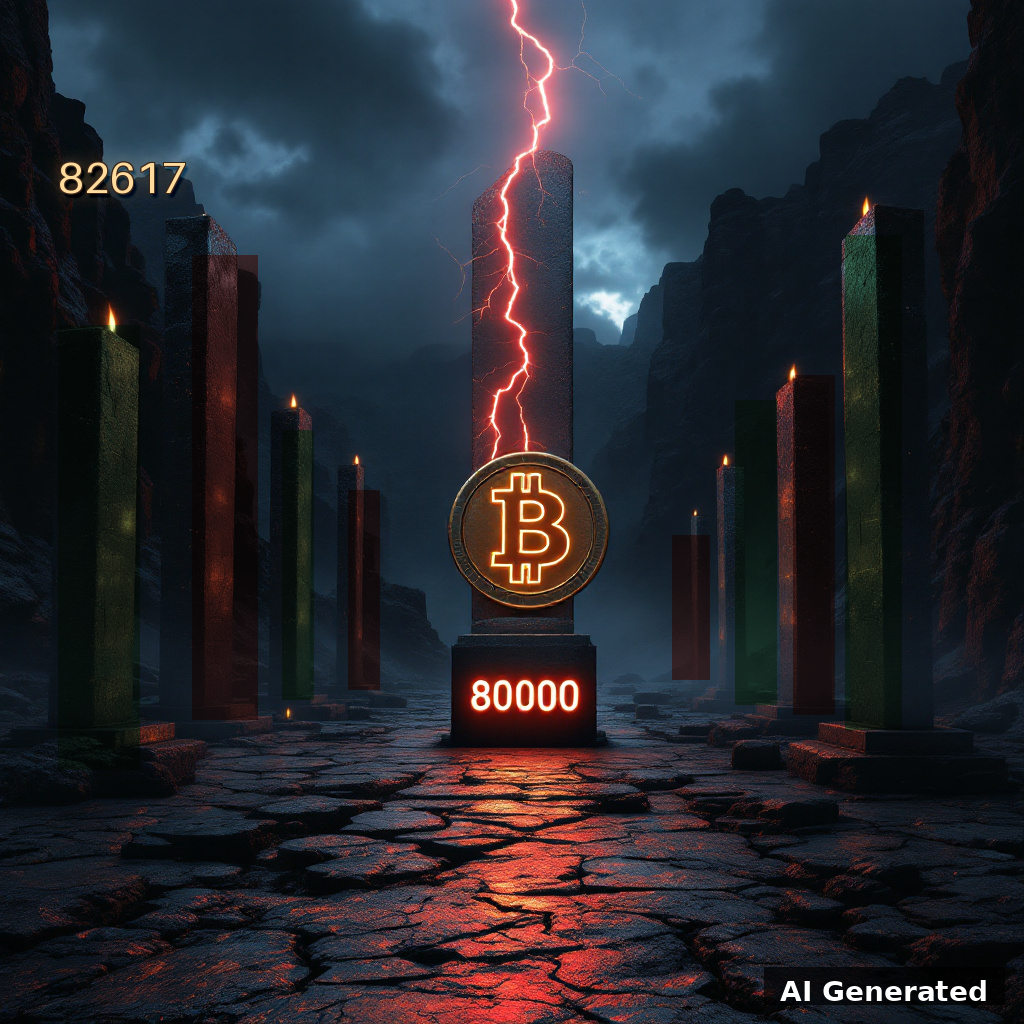 AI generated symbolic artwork: bronze Bitcoin coin monument on a pedestal engraved 80000 in a desert canyon, red lightning shattering above it, 82617 carved on the canyon wall, candlestick monolith path
