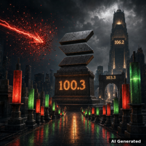 AI generated symbolic artwork: a colossal Solana three-bar monument on a pedestal engraved 100.3 in a futuristic city, red lightning shattering into embers before contact, 103.3 gate and 106.2 tower targets, candlestick path