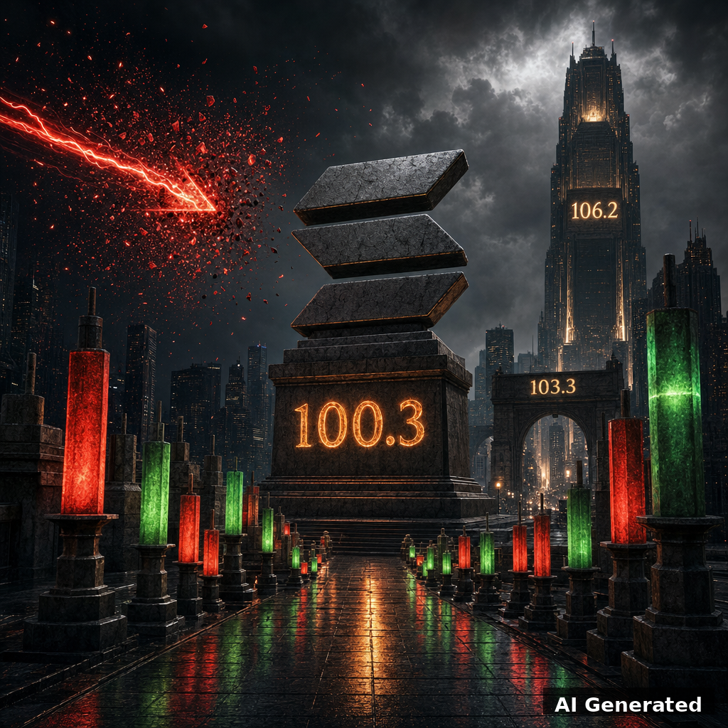 AI generated symbolic artwork: a colossal Solana three-bar monument on a pedestal engraved 100.3 in a futuristic city, red lightning shattering into embers before contact, 103.3 gate and 106.2 tower targets, candlestick path