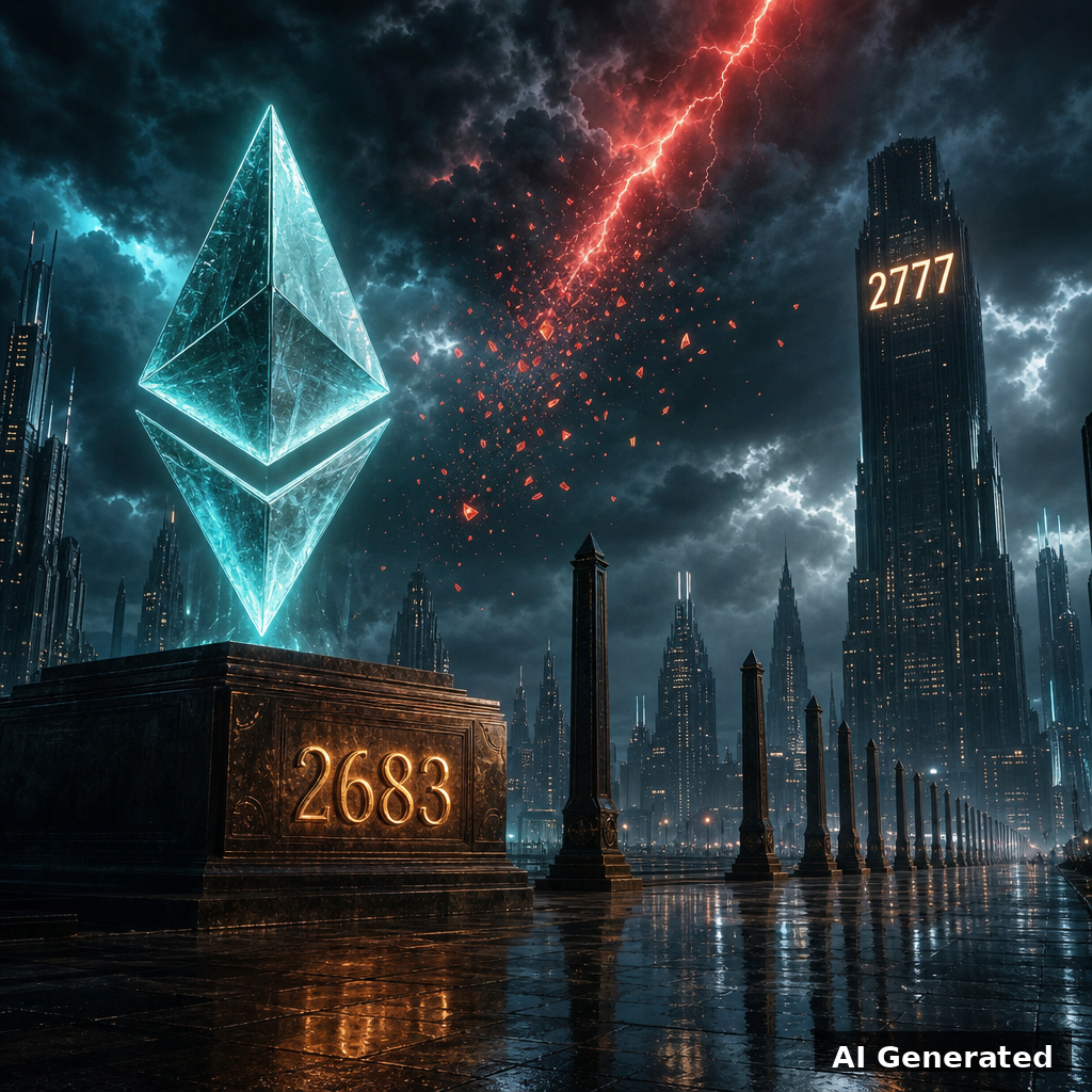 AI generated symbolic artwork: glowing Ethereum diamond monument holding the 2683 support in a futuristic city plaza while a red lightning arrow shatters into embers before touching it, 2777 inscribed on the distant skyscraper