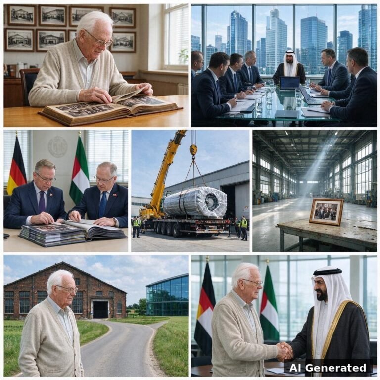 KI-generiertes Titelbild: Collage zum Verkauf deutscher Industriefirmen — Nachfolge-Krise, Private Equity, Investitionsprüfung