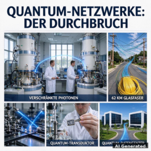 Redaktionelles Collage: verschränkte Photonen, Glasfaser, Quantenwandler und Rechenzentren