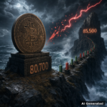 AI generated symbolic artwork: colossal bronze Bitcoin coin monument on a storm-lashed coastal cliff holds the 80,700 level as a red lightning arrow shatters into embers, with the 85,500 target carved on the distant sea stack and a candlestick path