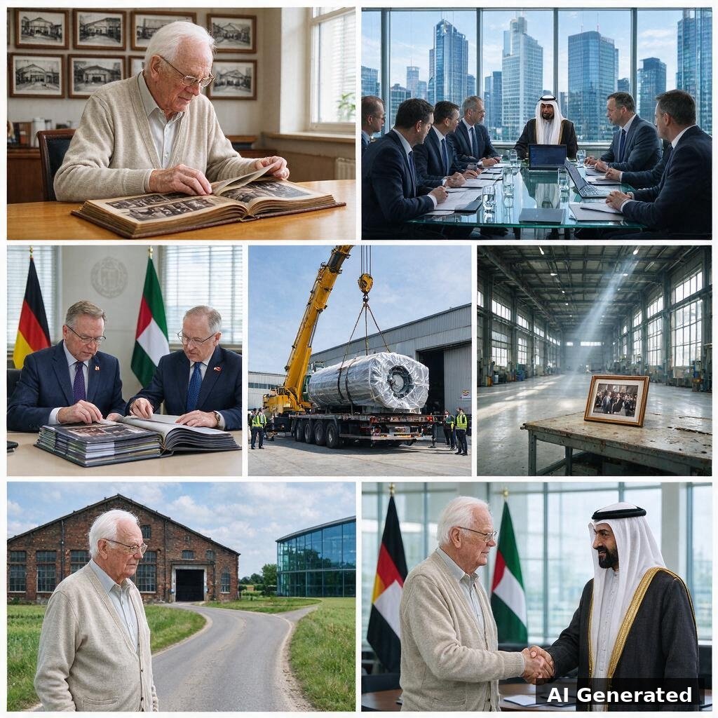 KI-generiertes Titelbild: Collage zum Verkauf deutscher Industriefirmen — Nachfolge-Krise, Private Equity, Investitionsprüfung