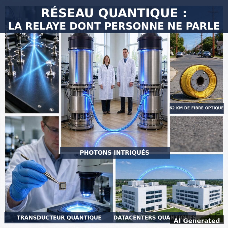 Collage éditorial : photons intriqués, fibre optique télécom, transducteur et centres de données quantiques