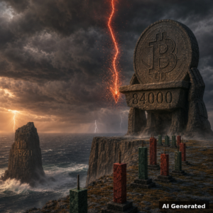 AI generated symbolic artwork: a colossal Bitcoin coin monument on a storm-lashed coastal clifftop holds the 84,000 shelf as a red sell-off arrow shatters into embers above it, the 85,241 target carved into a sea stack above the open sea