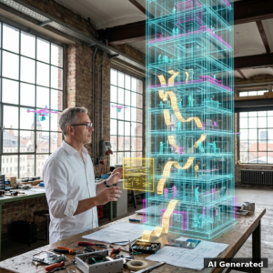 KI-generiert: Titelbild — Ingenieur in der Werkstatt mit holographischem Agententurm