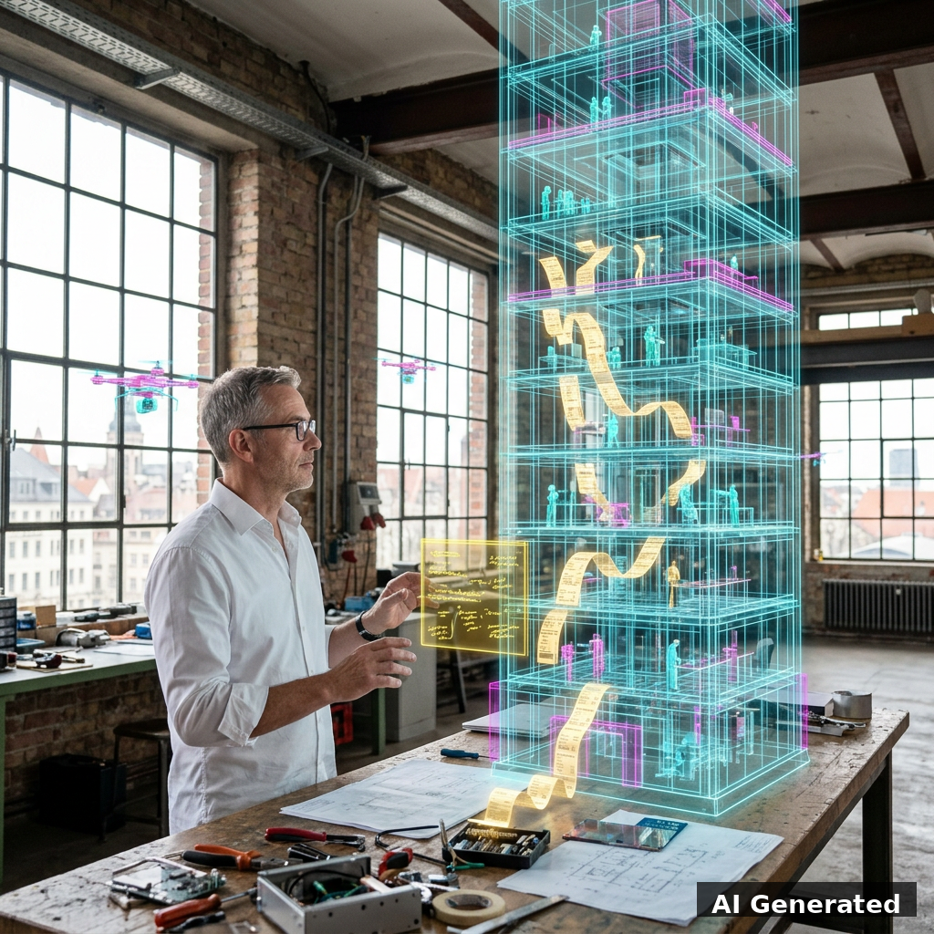 KI-generiert: Titelbild — Ingenieur in der Werkstatt mit holographischem Agententurm
