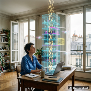 Généré par IA : image principale — opératrice parisienne et tour holographique d'agents
