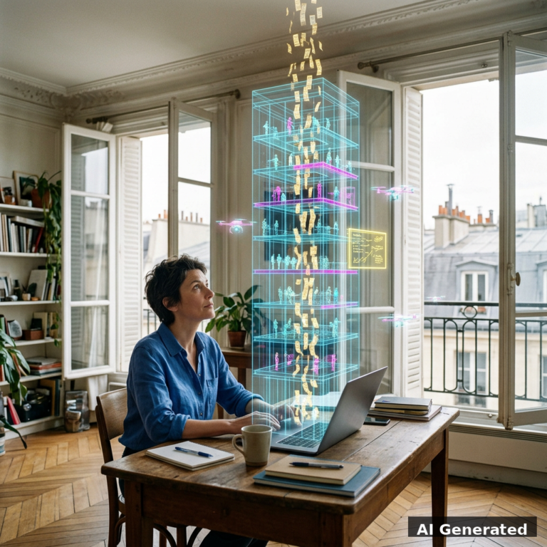 Généré par IA : image principale — opératrice parisienne et tour holographique d'agents
