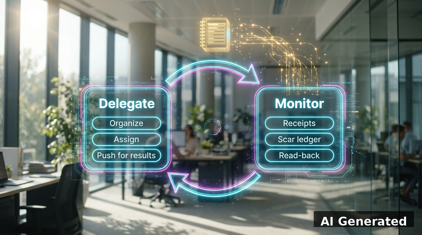 Holographic two-node cycle diagram: Delegate (Organize, Assign, Push for results) and Monitor (Receipts, Scar ledger, Read-back)