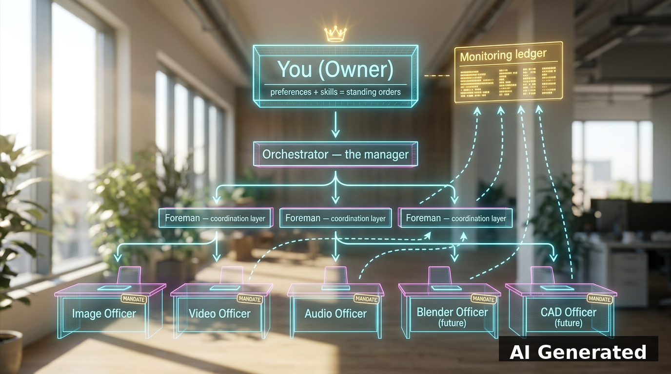 Holographic org chart: You (Owner), Orchestrator the manager, Foremen, five officer desks with Mandate badges, Monitoring ledger