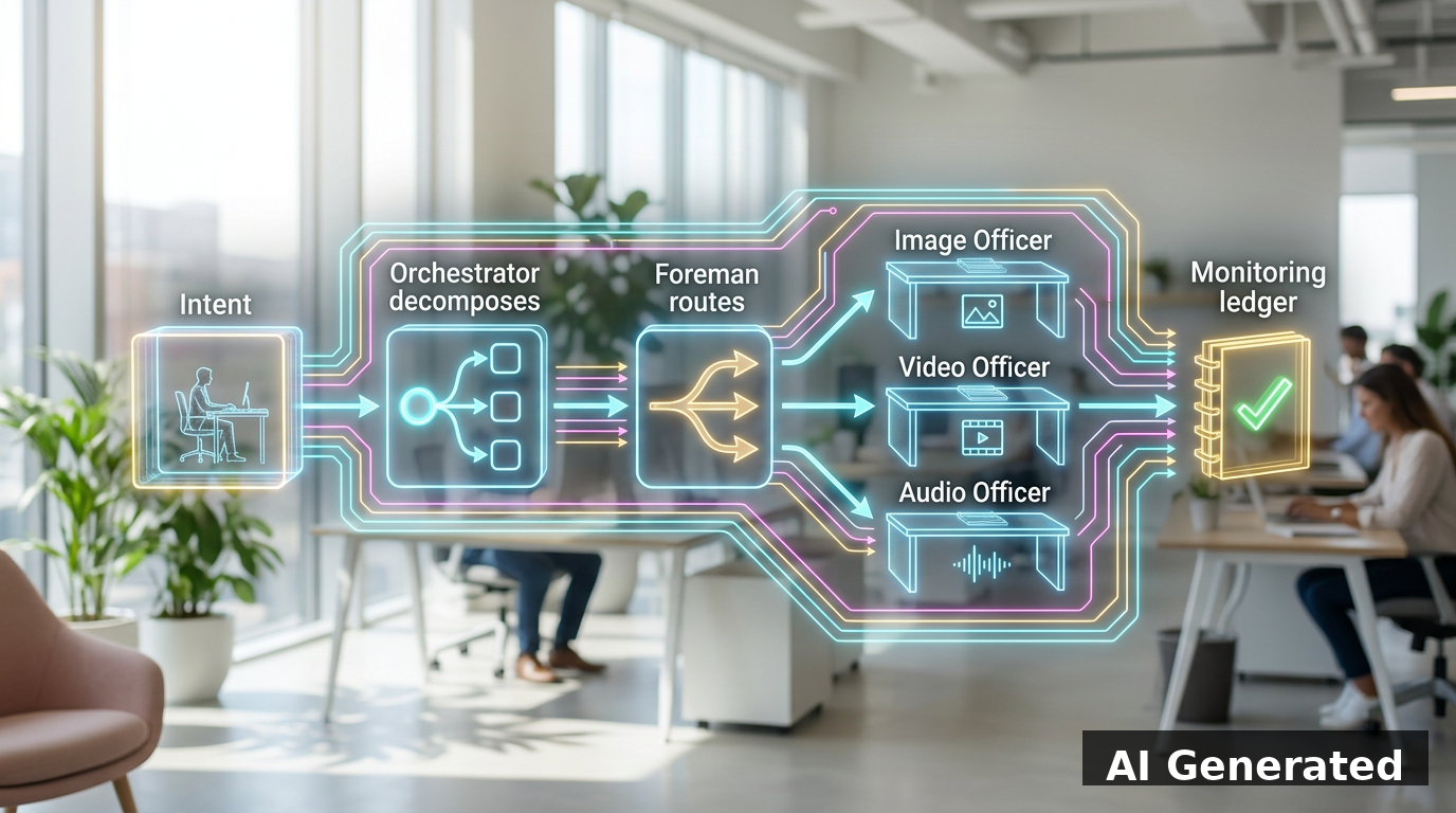 Holographic process lane: Intent, Orchestrator decomposes, Foreman routes, Image/Video/Audio Officers, Monitoring ledger with checkmark