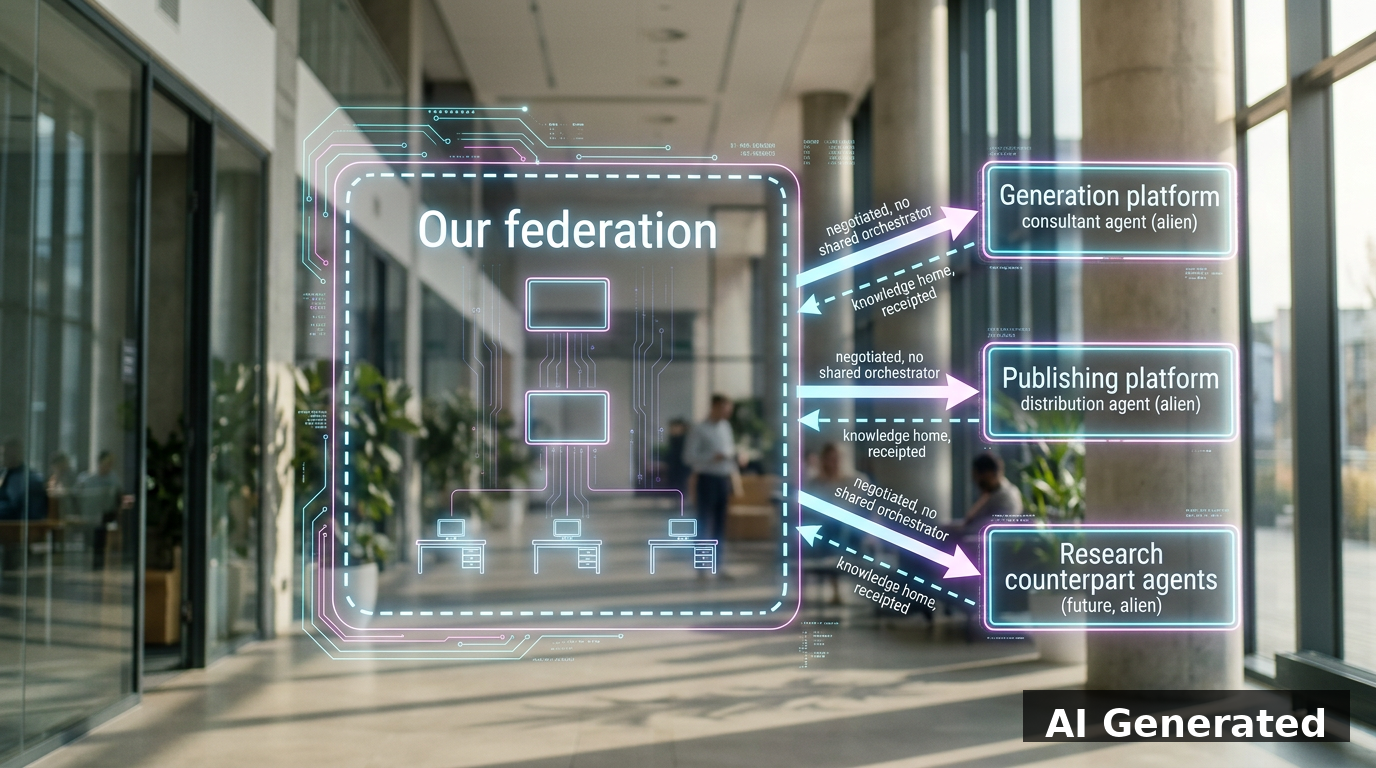 Federation map: Our federation inside dashed boundary, three arrows to Generation, Publishing and Research counterpart agent platforms