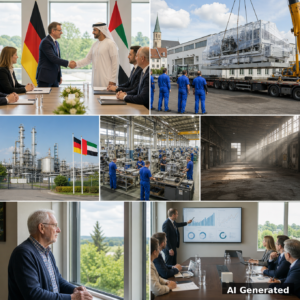 KI-generierte Collage: deutsche Fabriken wechseln zu ausländischen Eigentümern — Versprechen, Aushöhlung und Schließungen