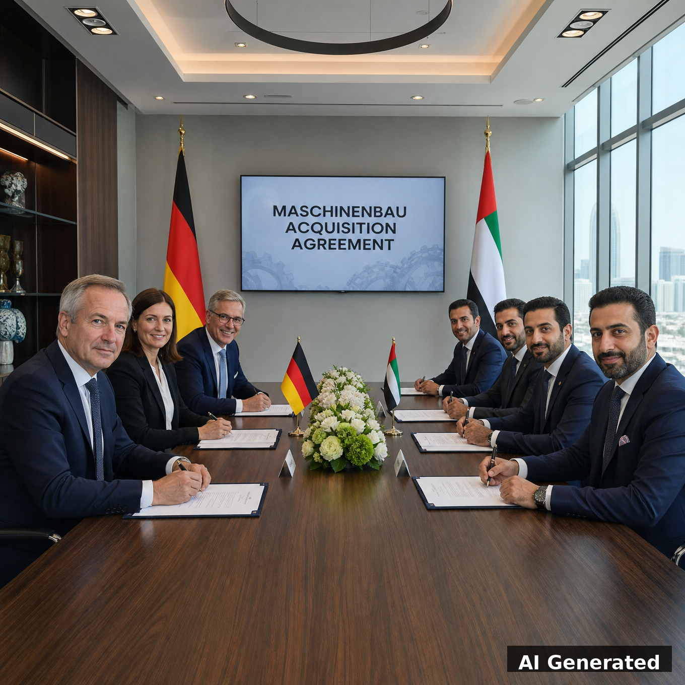 Généré par IA : cérémonie de signature entre la direction allemande et les investisseurs du Golfe