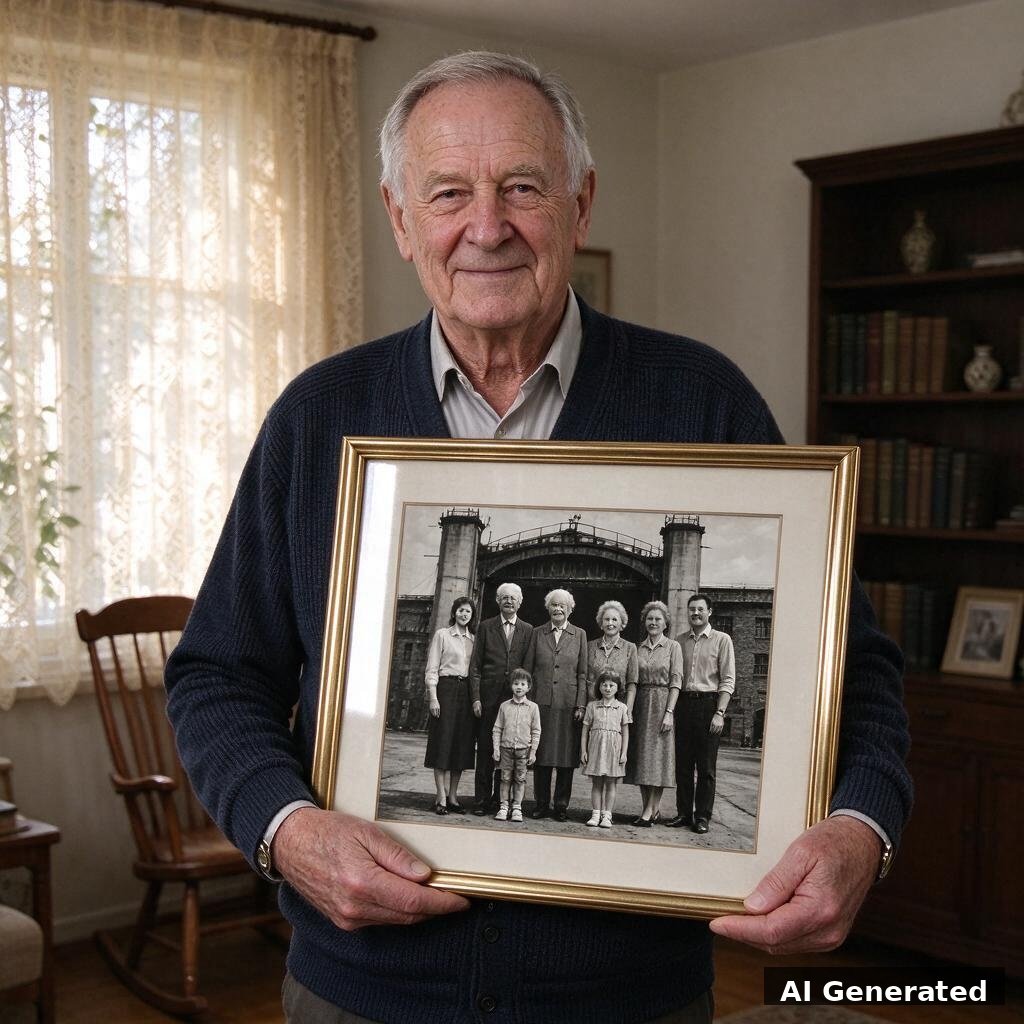 Généré par IA : propriétaire allemand âgé feuilletant l'album photo familial, crise de la succession