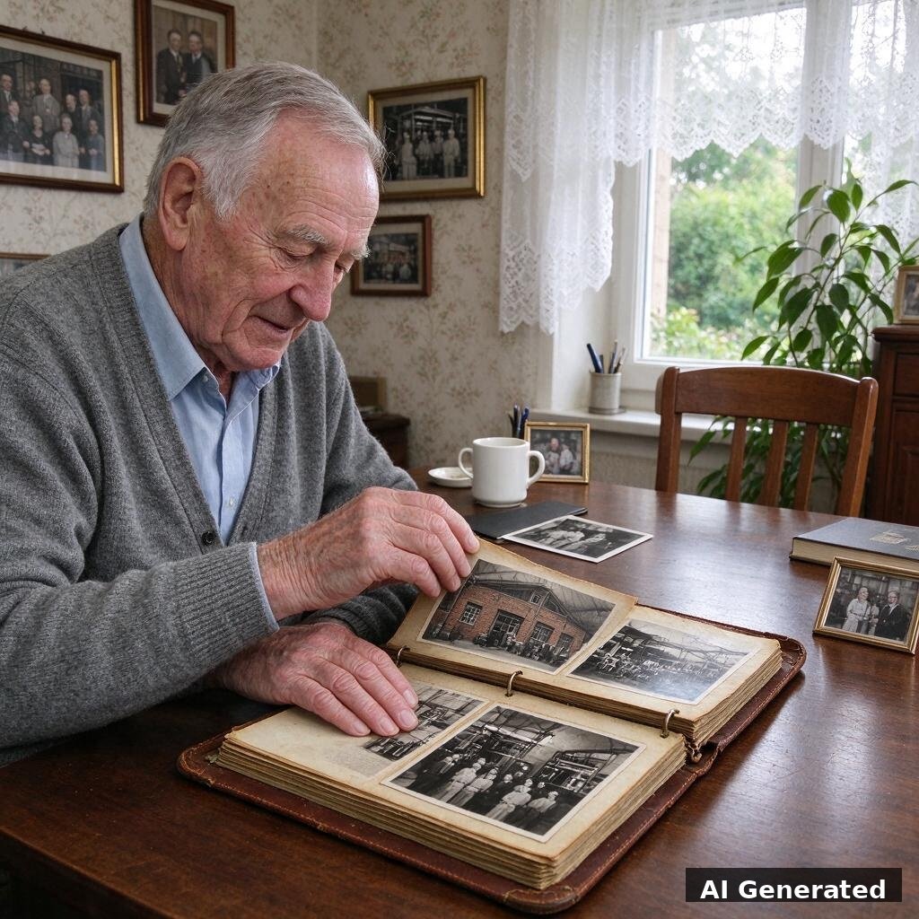 KI-generiertes Bild: Älterer deutscher Fabrikeigentümer blättert im Familienfotoalbum, Nachfolge-Krise