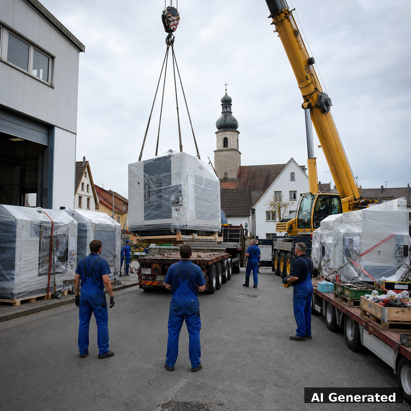 KI-generiert: Verpackte Maschinen werden per Kran auf einen LKW verladen