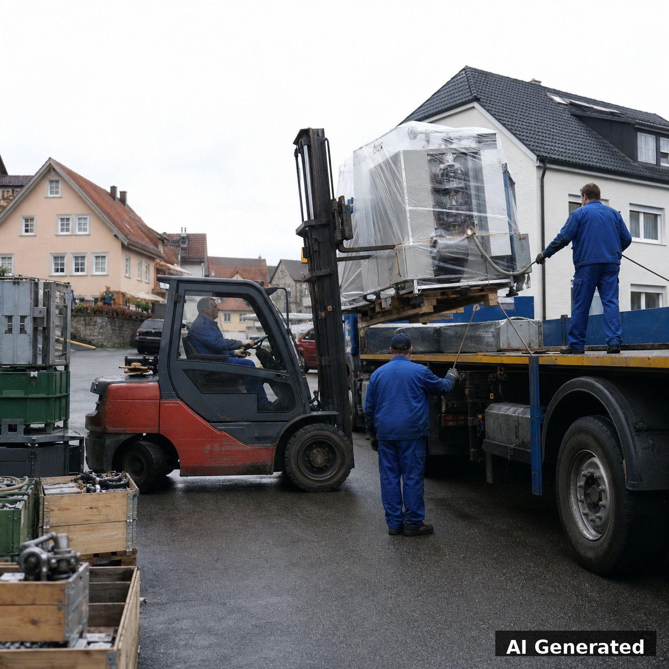 Généré par IA : machines emballées chargées sur un camion à l'aide d'un chariot élévateur