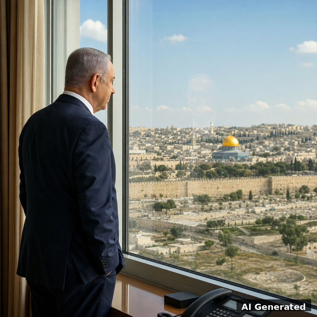 Généré par IA : responsable israélien inquiet à la fenêtre, bureau moderne à Jérusalem, lumière naturelle