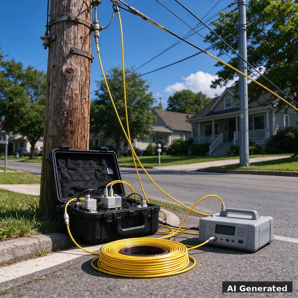 Fibres optiques suspendues sur des poteaux télécom en banlieue ensoleillée