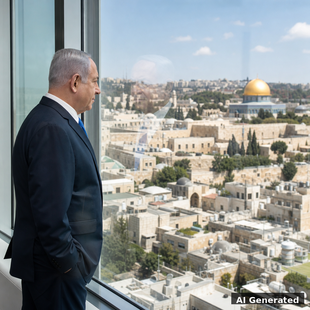 KI-generiert: Israelischer Beamter blickt besorgt über Jerusalem, modernes Büro, Tageslicht