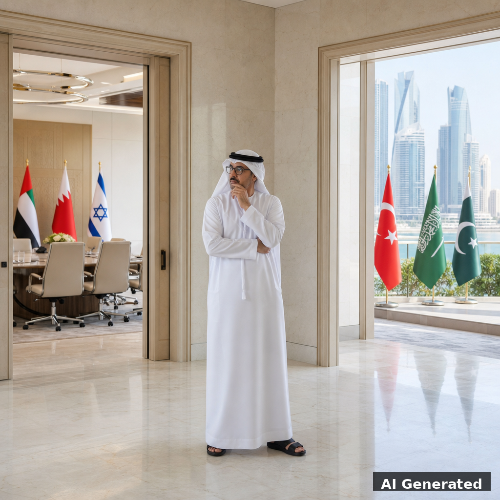 Généré par IA : diplomate des Émirats entre deux portes d'alliances rivales, skyline d'Abu Dhabi, plein jour