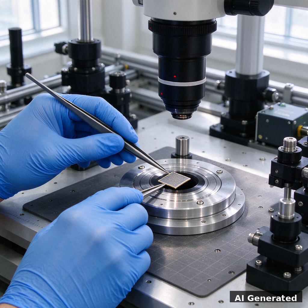 Quantenwandler-Chip unter dem Mikroskop, mit Pinzetten positioniert