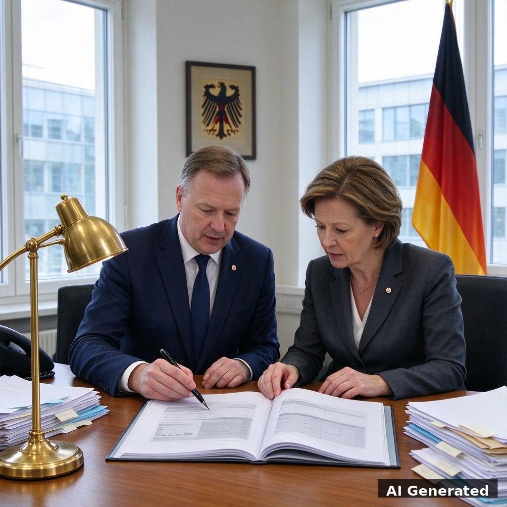KI-generiertes Bild: Deutsche Ministeriumsbeamte prüfen ein Dossier zur Investitionsprüfung