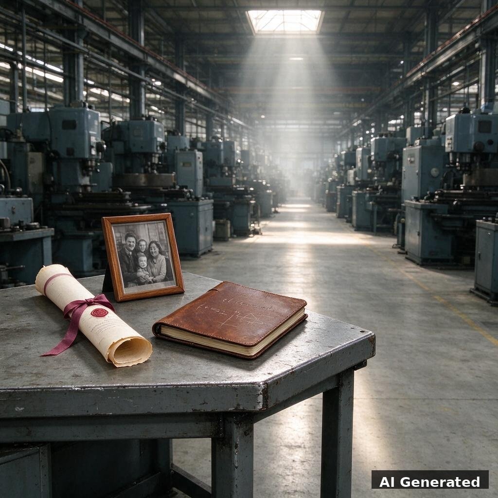 Généré par IA : hall d'usine vide avec photo de famille oubliée — perte de mémoire industrielle