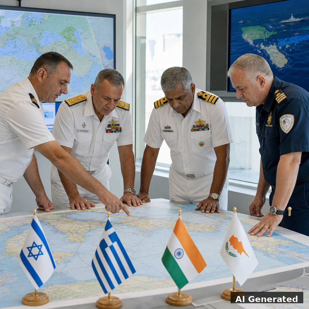 Généré par IA : militaires d'Israël, Grèce, Inde et Chypre autour d'une carte stratégique, salle lumineuse