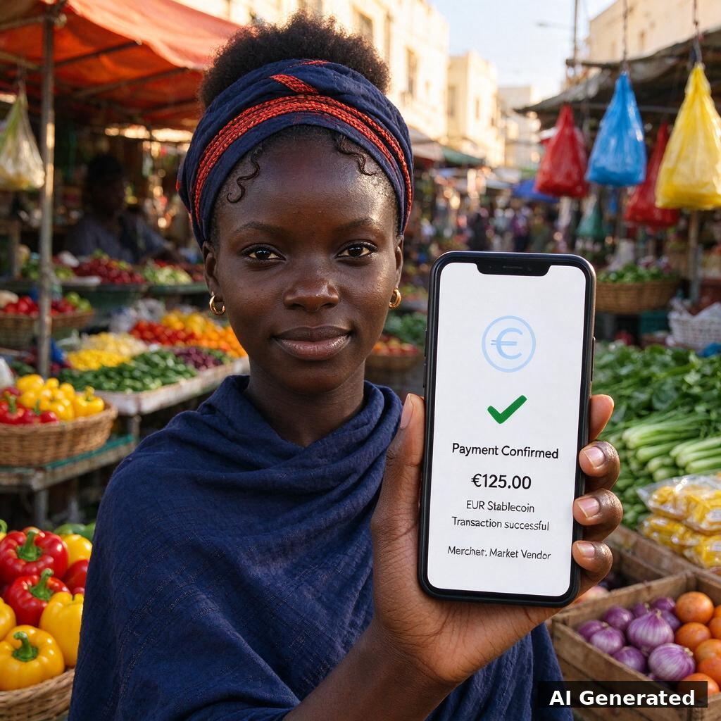 AI generated section image: paiement en euro stablecoin sur un marché de Dakar
