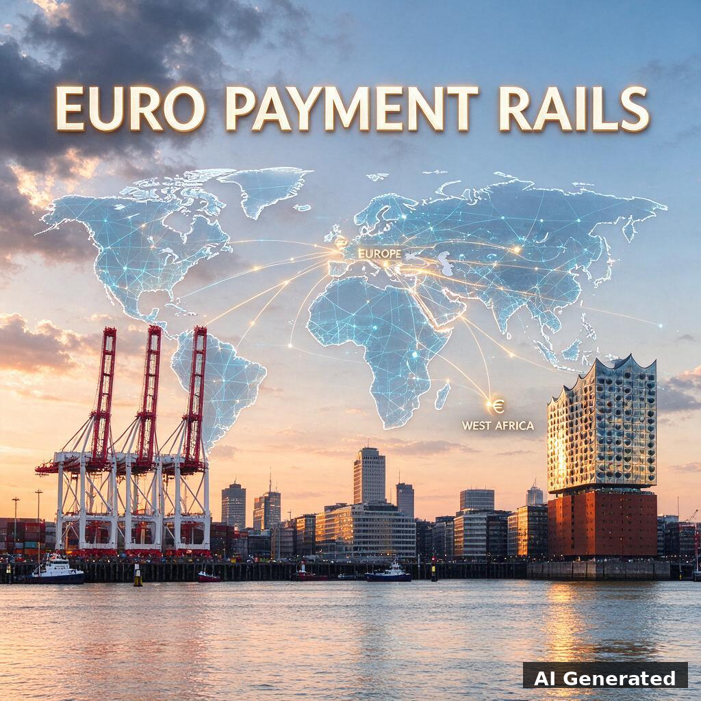 KI-generiertes Abschnittsbild: Euro-Stablecoin-Zahlungsschienen Hamburg–Westafrika
