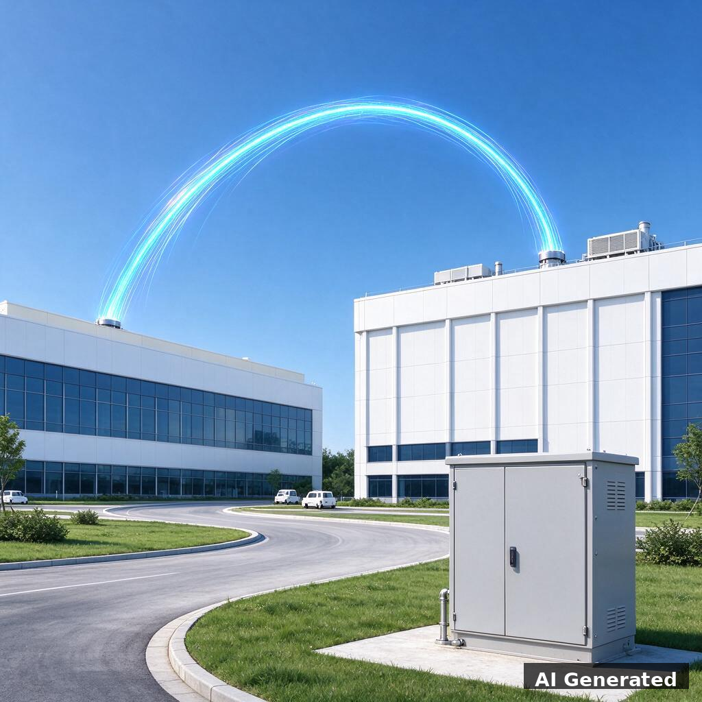 Deux centres de données reliés par un arc de fibre optique lumineux