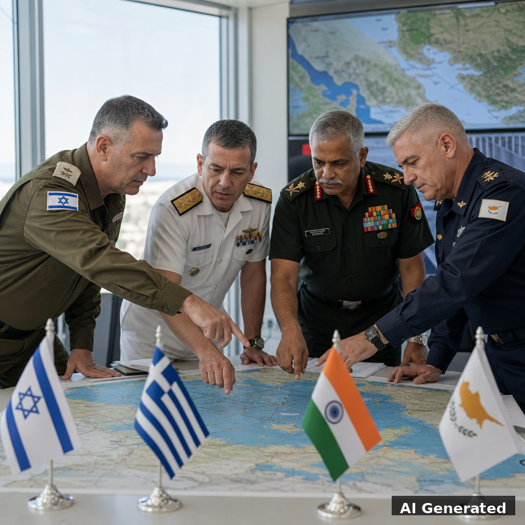 KI-generiert: Militärs aus Israel, Griechenland, Indien und Zypern an einer Strategiekarte, heller Lagederraum