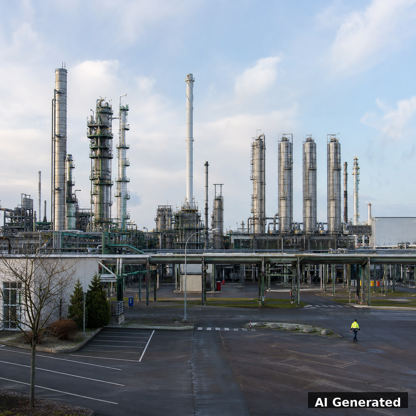 KI-generiert: Chemieanlage mit reduzierter Auslastung und leerem Parkplatz