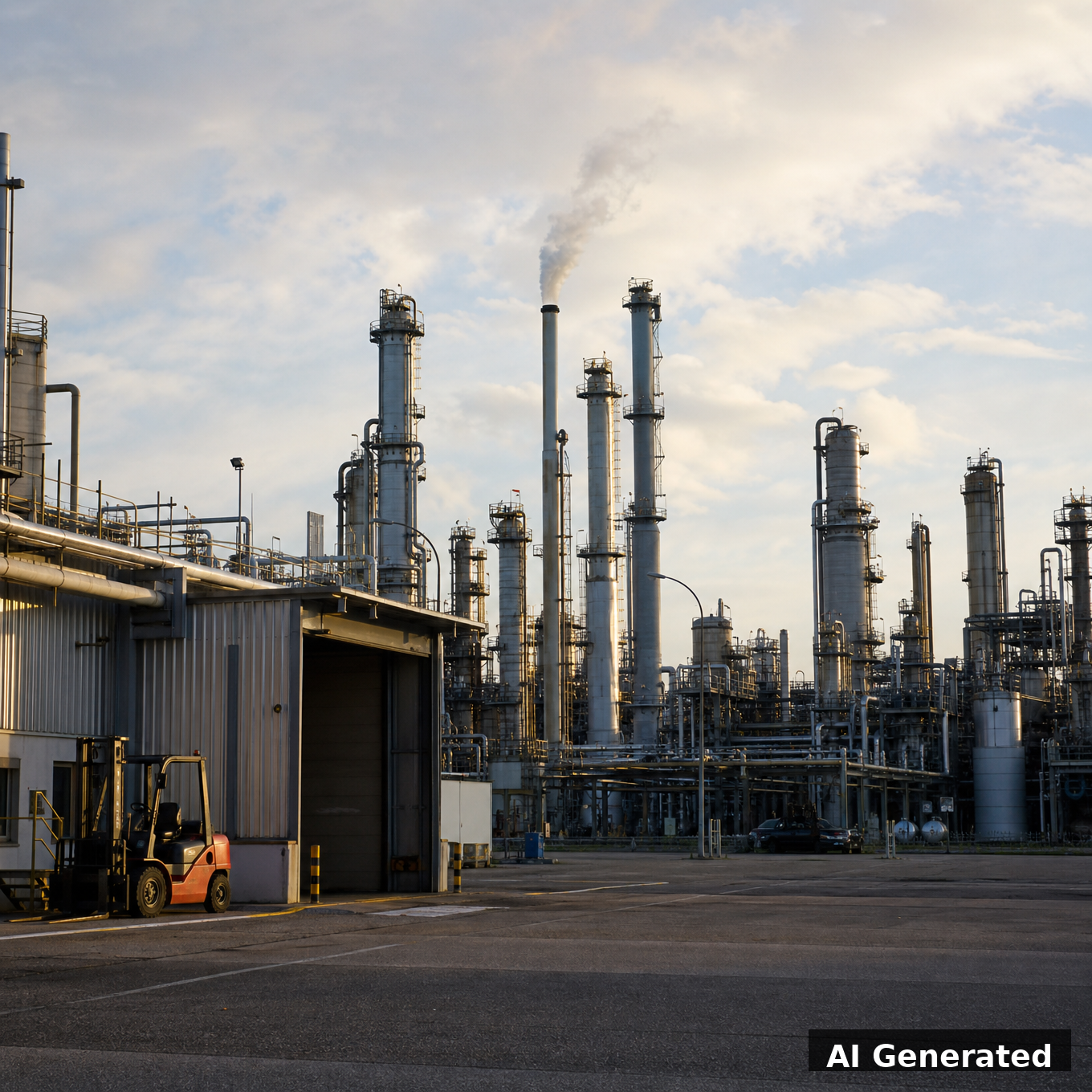 Généré par IA : usine chimique allemande à capacité réduite, quai de chargement vide