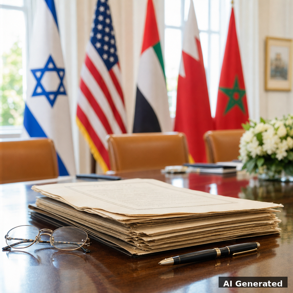 Généré par IA : documents de signature des Accords d'Abraham aux bords effilochés, table polie, décor éditorial lumineux