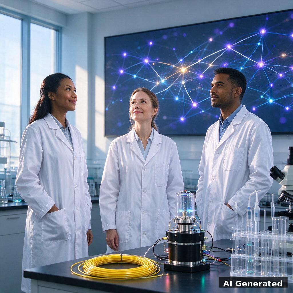 Chercheurs en laboratoire devant un écran de réseaux quantiques connectés