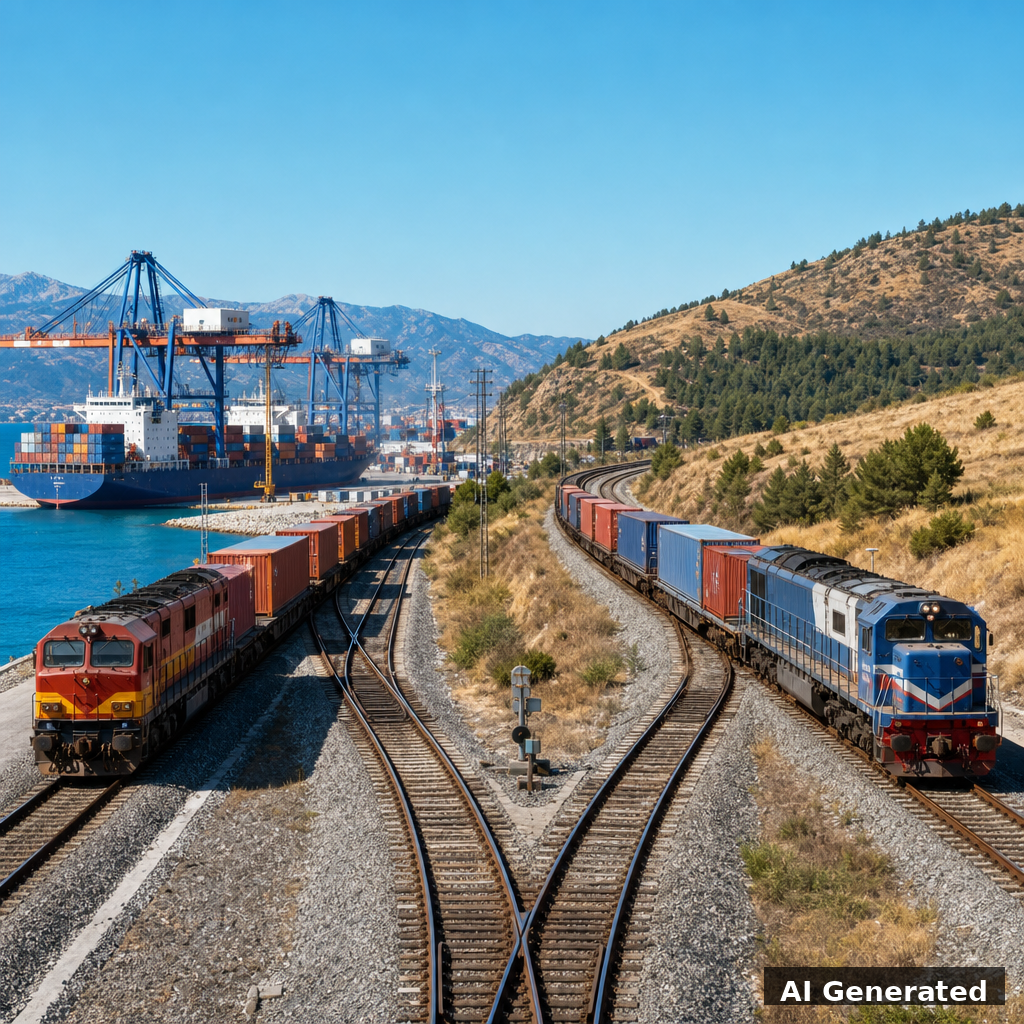 Généré par IA : trains de fret sur voies se séparant en deux directions — vers le port ou via le nord, ciel ensoleillé
