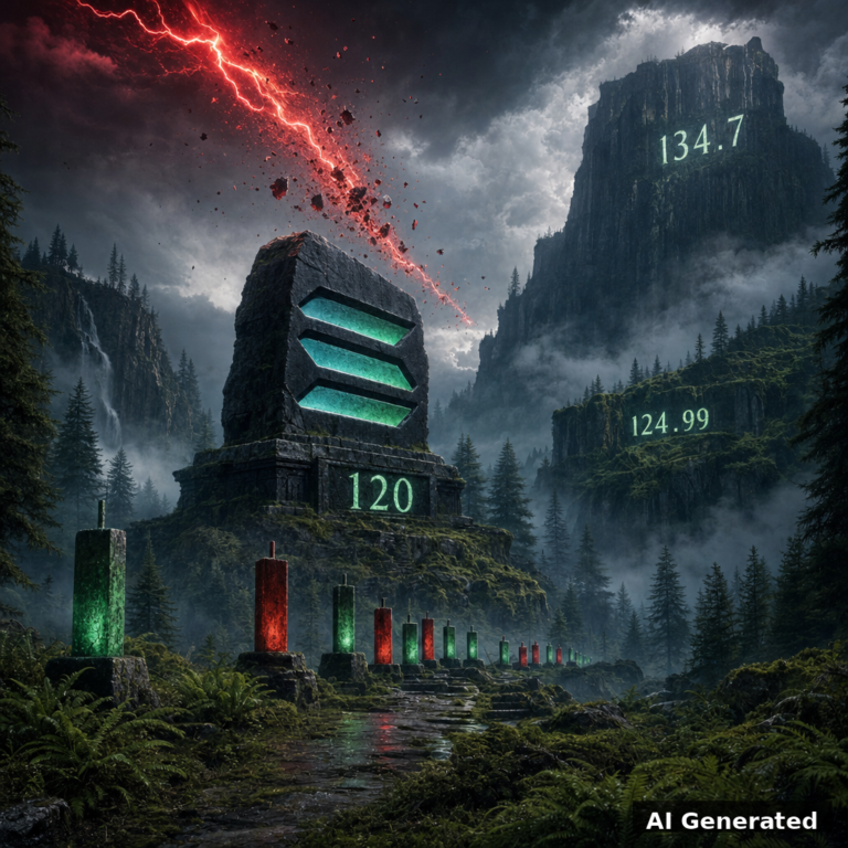 AI generated symbolic artwork: dark forest valley with a colossal Solana three-bar emblem monument holding the glowing 120 support shelf as a crimson lightning arrow shatters into embers, with 124.99 carved on a mid-distance cliff and 134.7 on the far peak