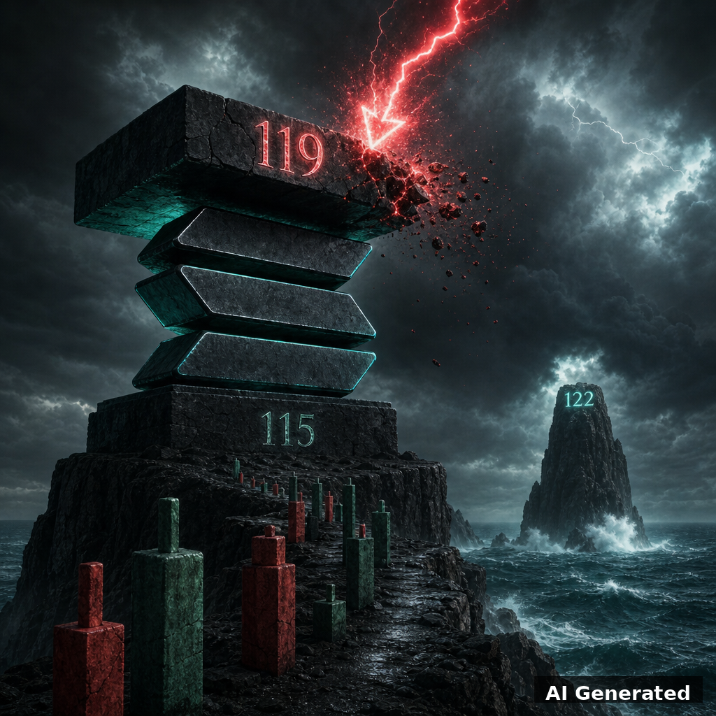 AI generated symbolic artwork: dark coastal cliff with a Solana emblem monument holding a cracked 119 shelf struck by a red lightning arrow, 115 pedestal intact and a 122 sea stack across the ocean