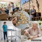 AI generated collage: postcode lottery map, care home day room, coins leaking into briefcase, empty care trolley, elderly woman counting coins