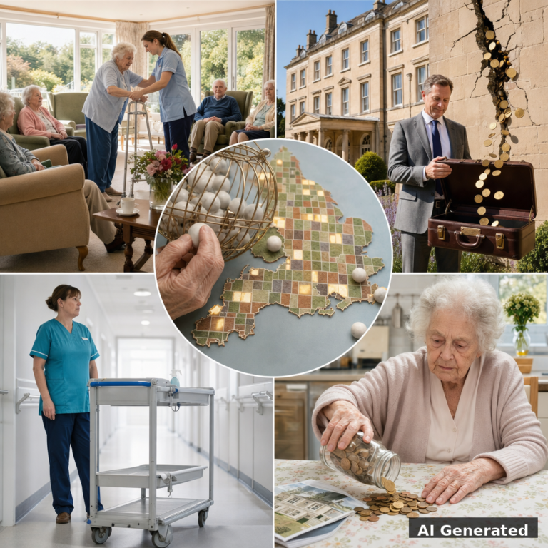 AI generated collage: postcode lottery map, care home day room, coins leaking into briefcase, empty care trolley, elderly woman counting coins