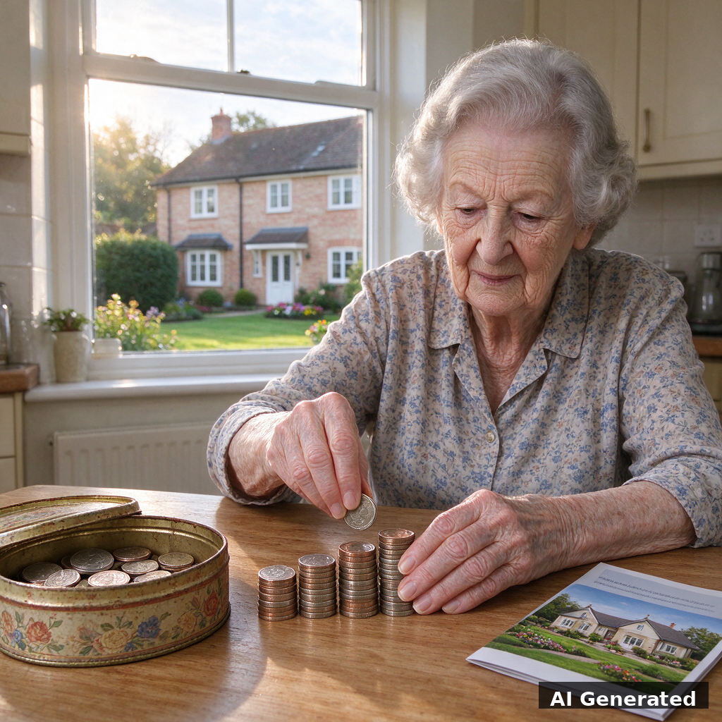 AI generated image: elderly woman counting coins at a sunlit kitchen table, care home visible through window